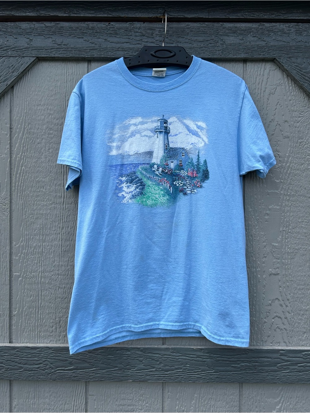 Vintage Coastal Lighthouse Graphic T-Shirt Light Blue Crewneck Ocean Cottage